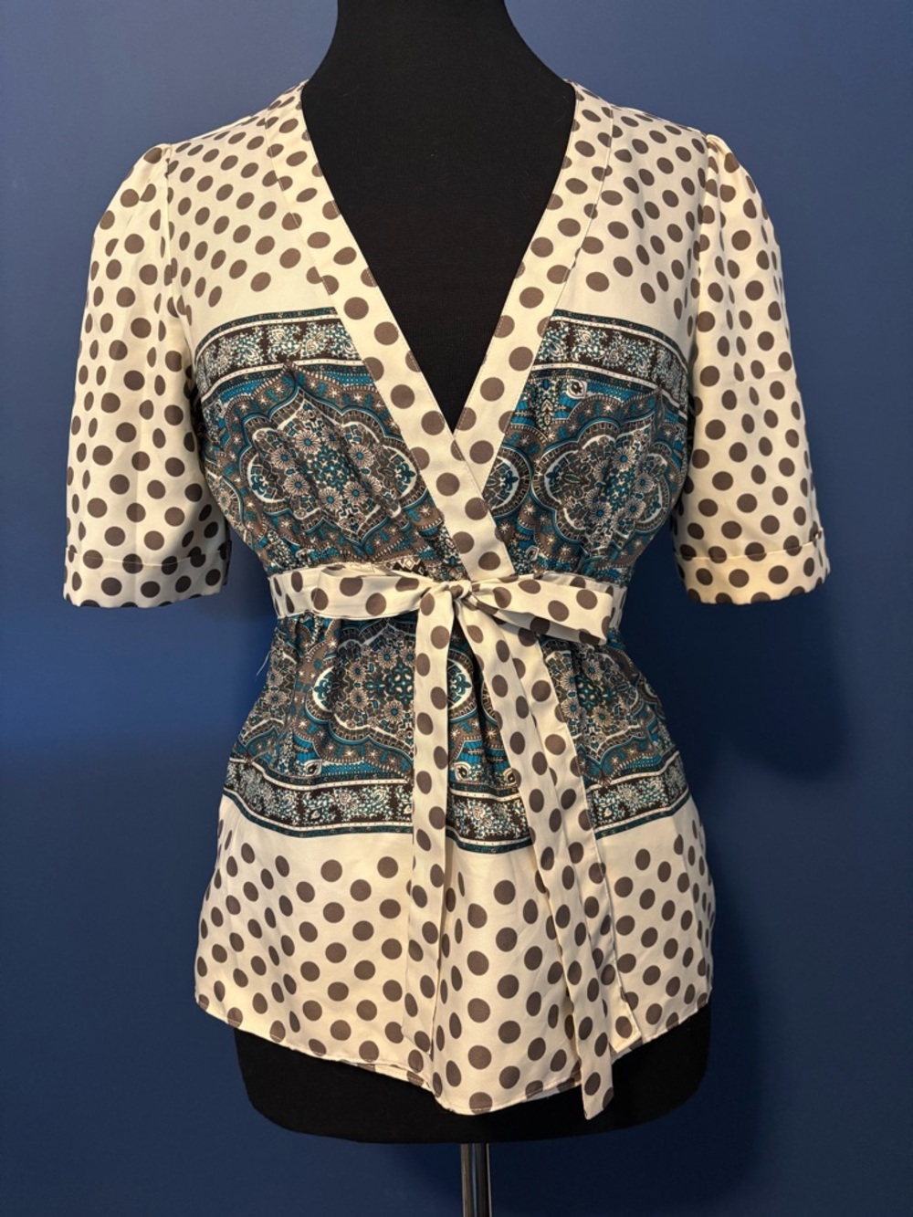 Ann Taylor Cream and Polka Dot Tie Waist Blouse